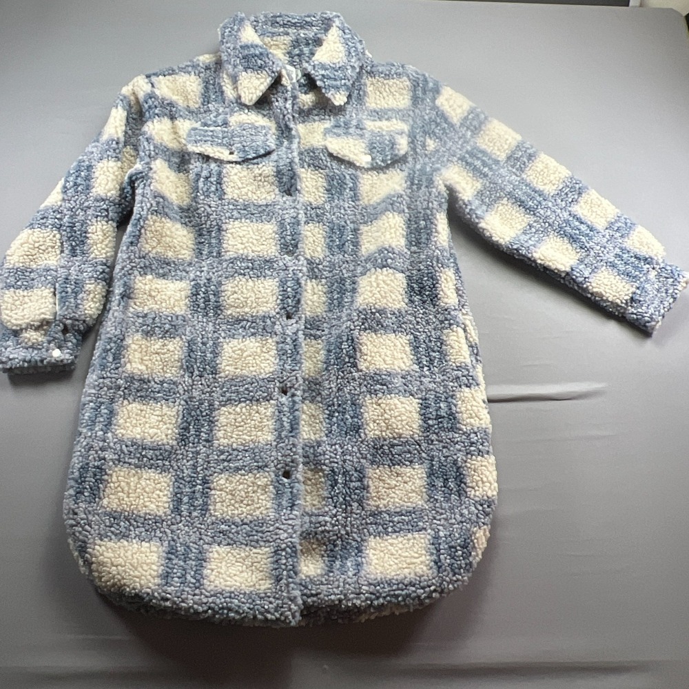 Princess Polly Shacket Womens XS/S White Blue Plaid Sherpa Lined Button Front